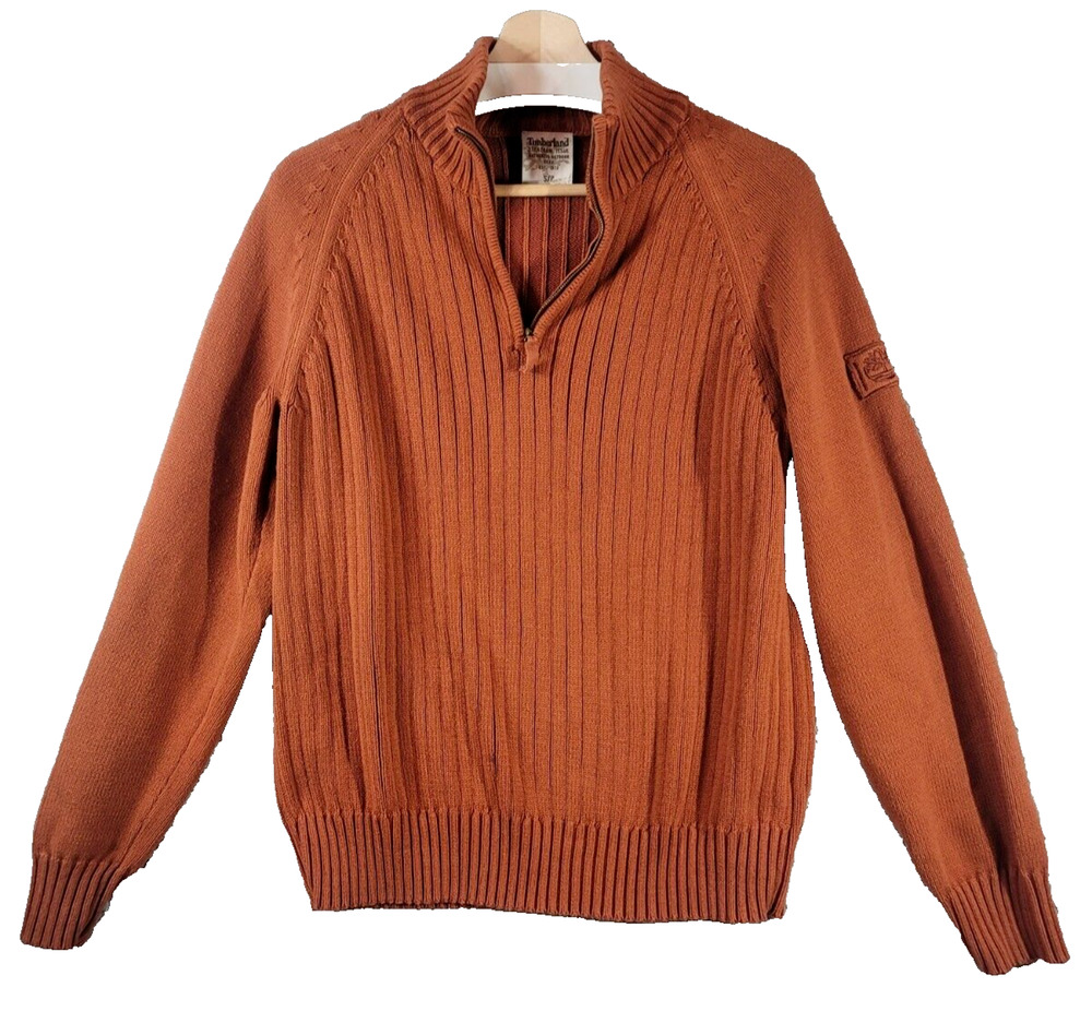 TIMBERLAND Mens Heavy Knit Sweater quarter zip Burnt Orange Cotton Size S/P Cozy